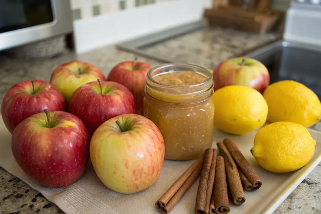 Ingredients for cinnamon applesauce on a kitchen counter.