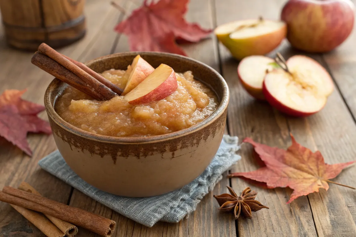 Bowl of cinnamon applesauce with cinnamon stick and apple slices.