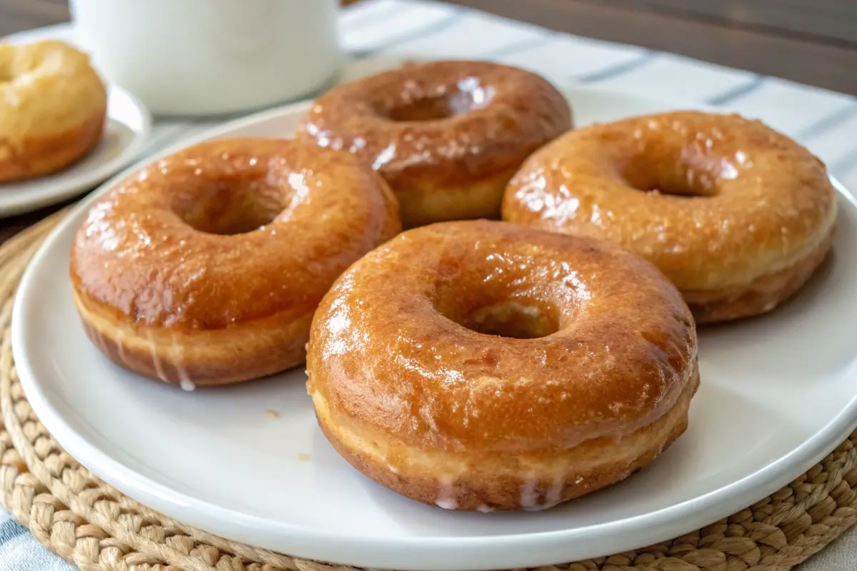 Freshly glazed buttermilk donuts with a golden brown crispy texture