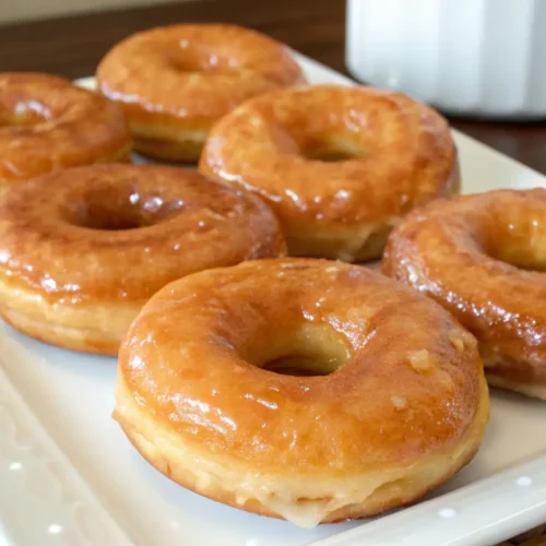 Freshly glazed buttermilk donuts with a golden-brown crispy texture