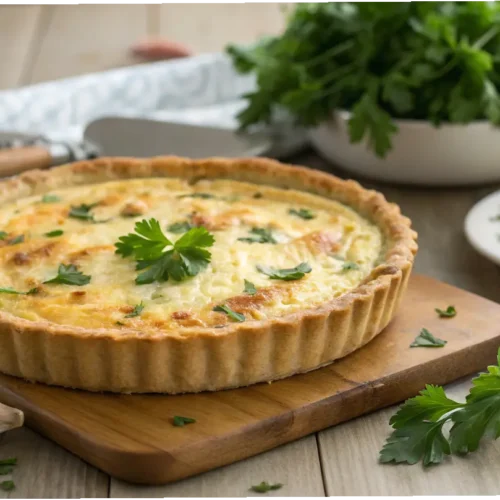 Fully baked crab quiche garnished with fresh parsley on a wooden table