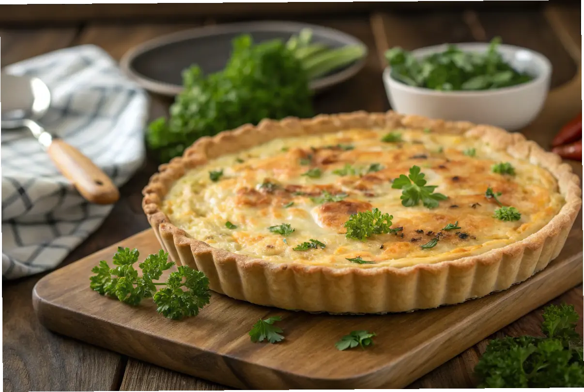 Crab quiche garnished with parsley on a wooden table.