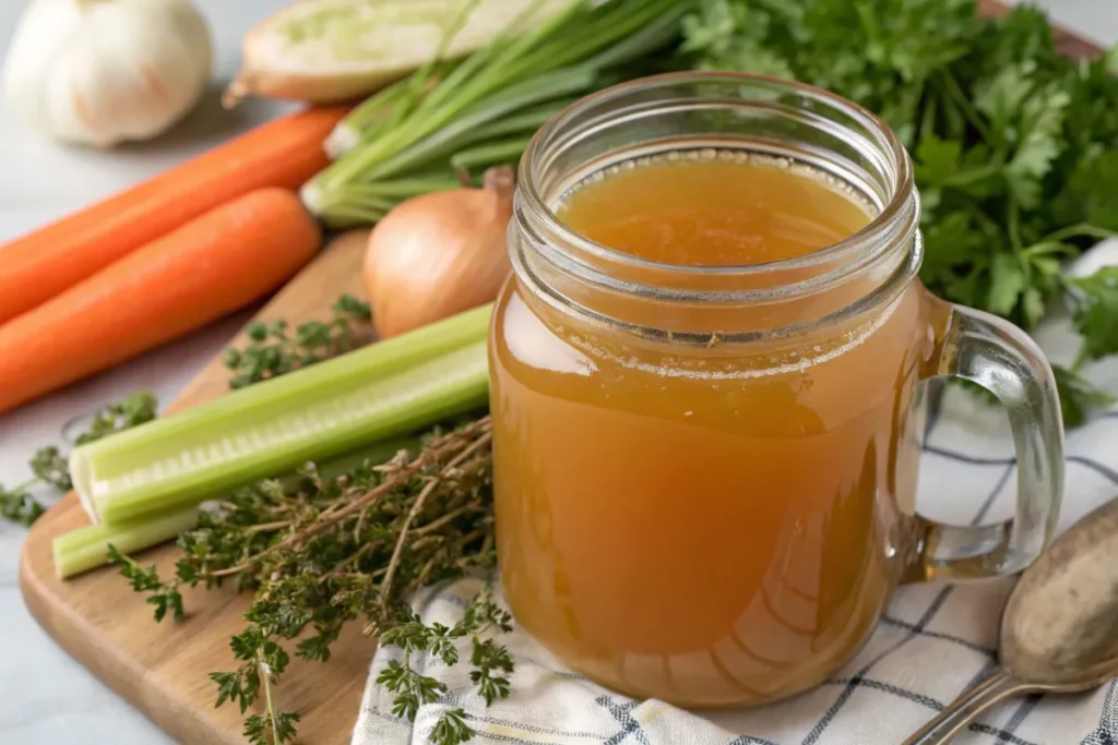 Golden bone broth in a mason jar