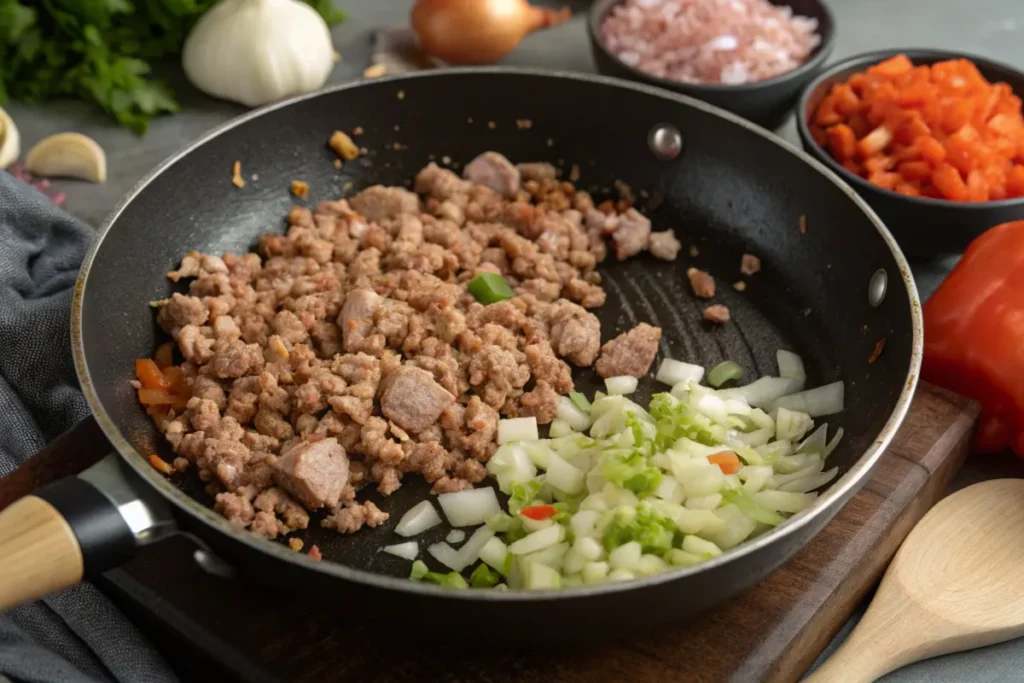 Ground turkey browning in a skillet with garlic and onions.