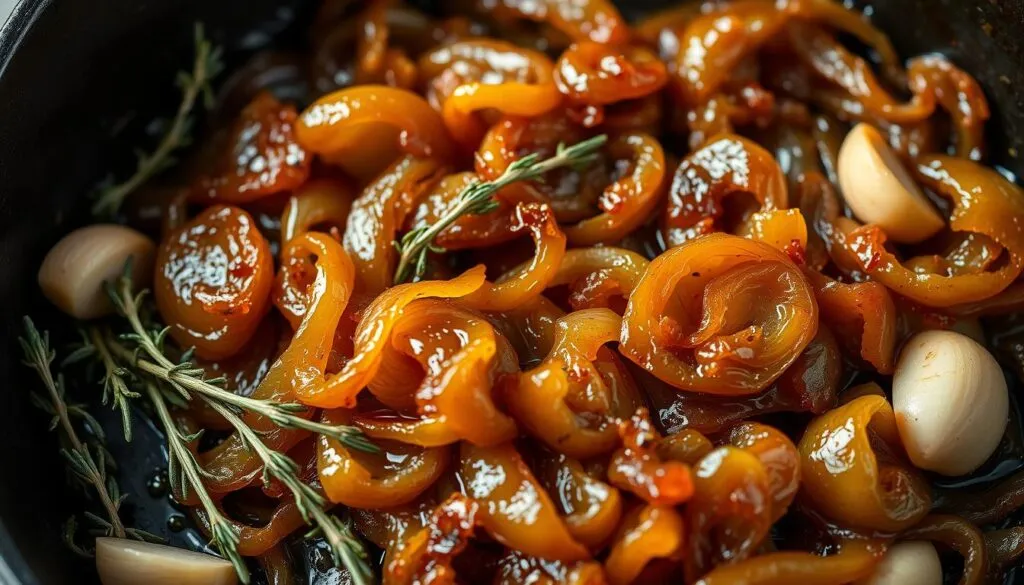 Close-up of sweet caramelized onions and garlic cloves being cooked in a pan