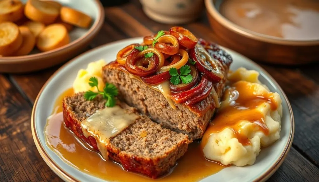 Slices of meatloaf topped with a flavorful caramelized onion topping, served with mashed potatoes and gravy