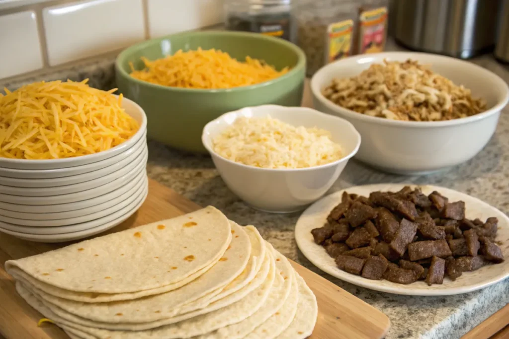 Ingredients for making a grilled cheese burrito.