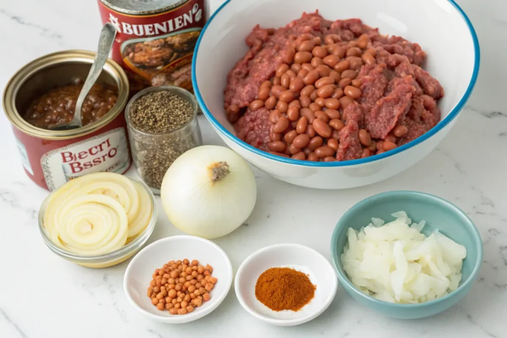 Ingredients for baked beans with ground beef on a countertop.