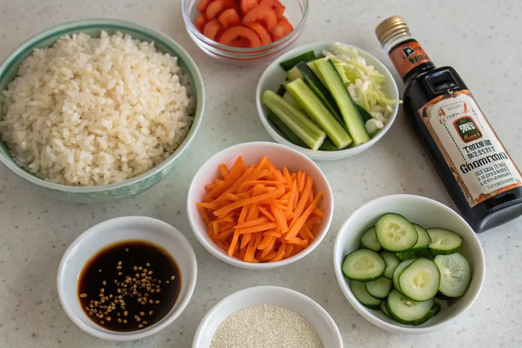 Ingredients for crispy rice salad on a kitchen counter.