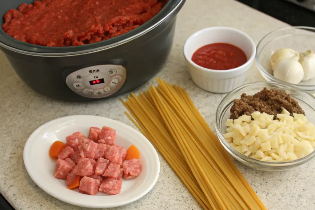 Ingredients for crockpot spaghetti on a countertop.