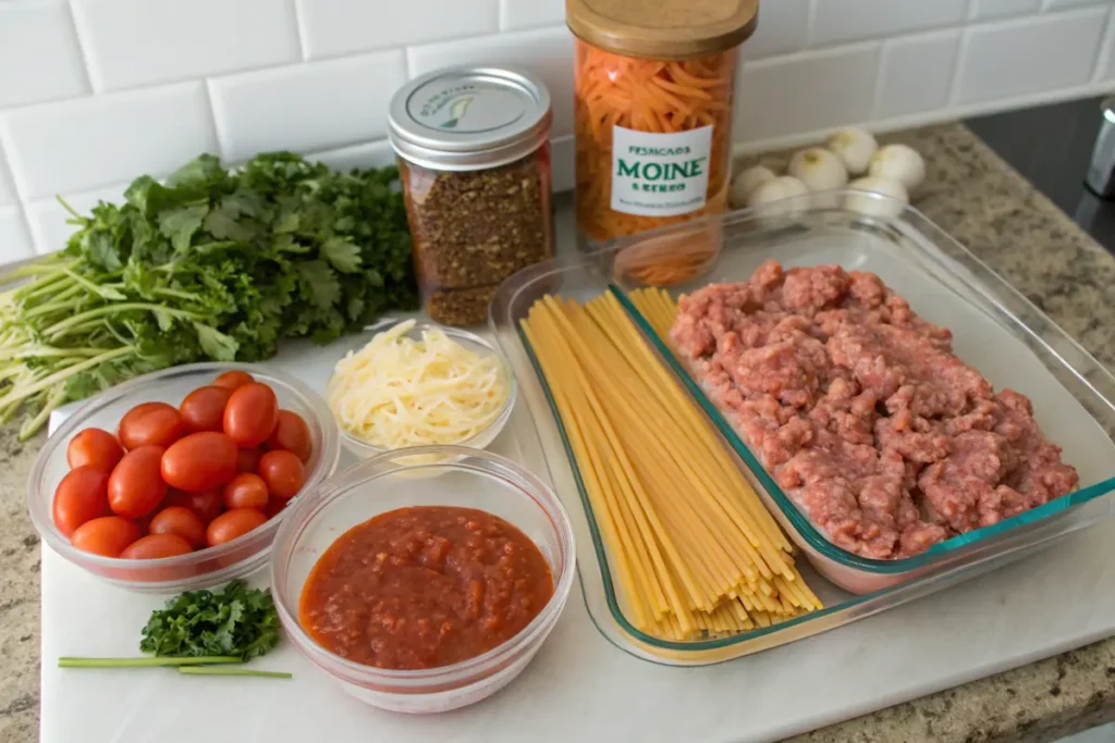 Ingredients for green spaghetti on a countertop.