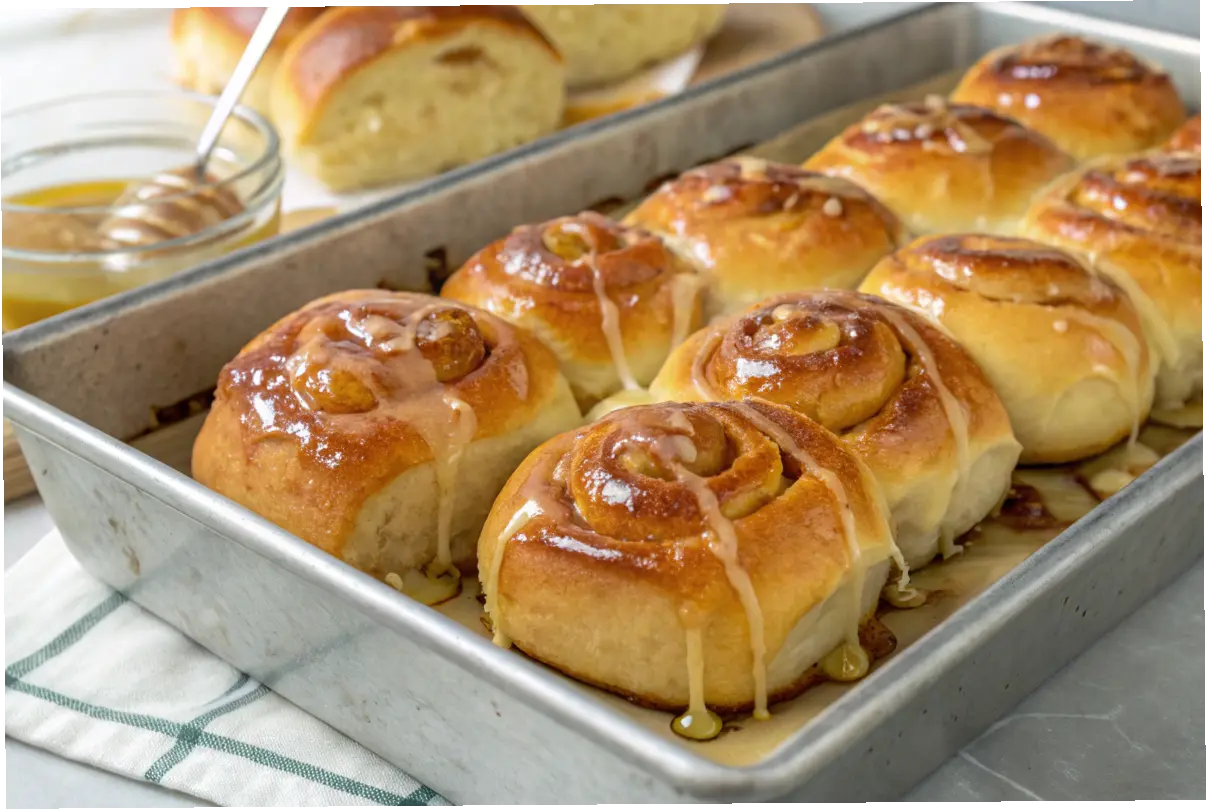 Freshly baked honey buns drizzled with honey glaze.