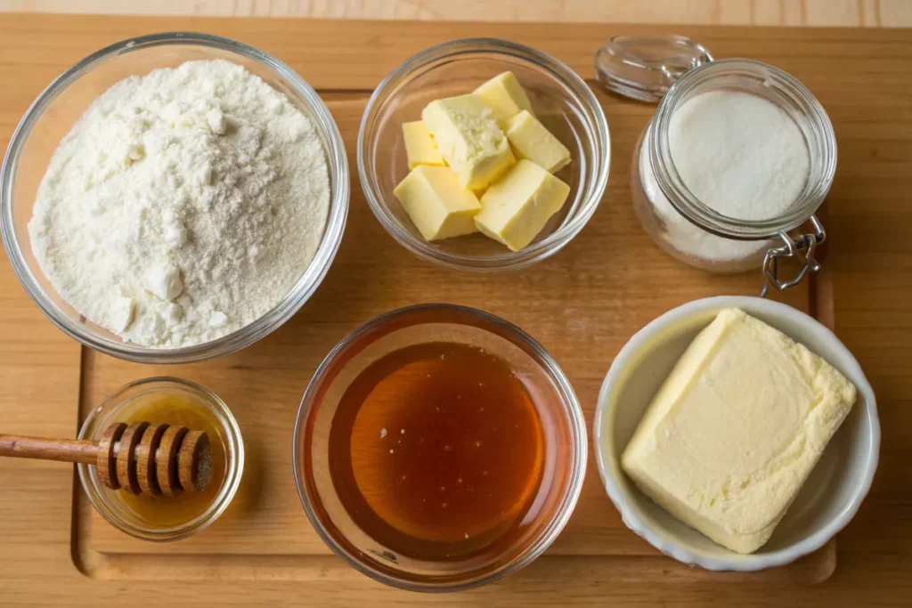 Ingredients for making homemade honey buns.