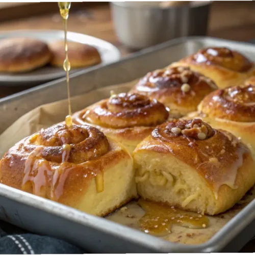 Warm, freshly baked honey buns topped with a sweet honey glaze.