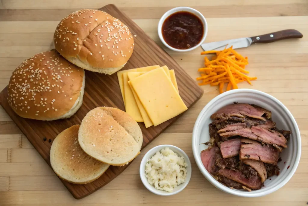 Ingredients for a homemade brisket sandwich on a wooden countertop.