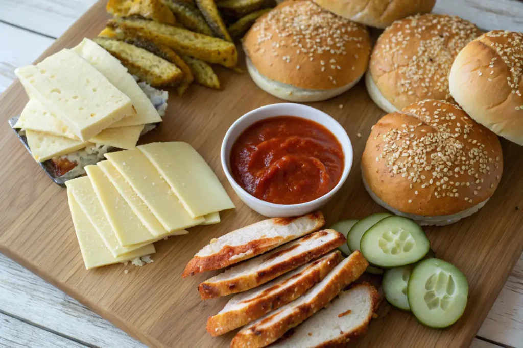 Ingredients for making a Buffalo Chicken Sandwich.