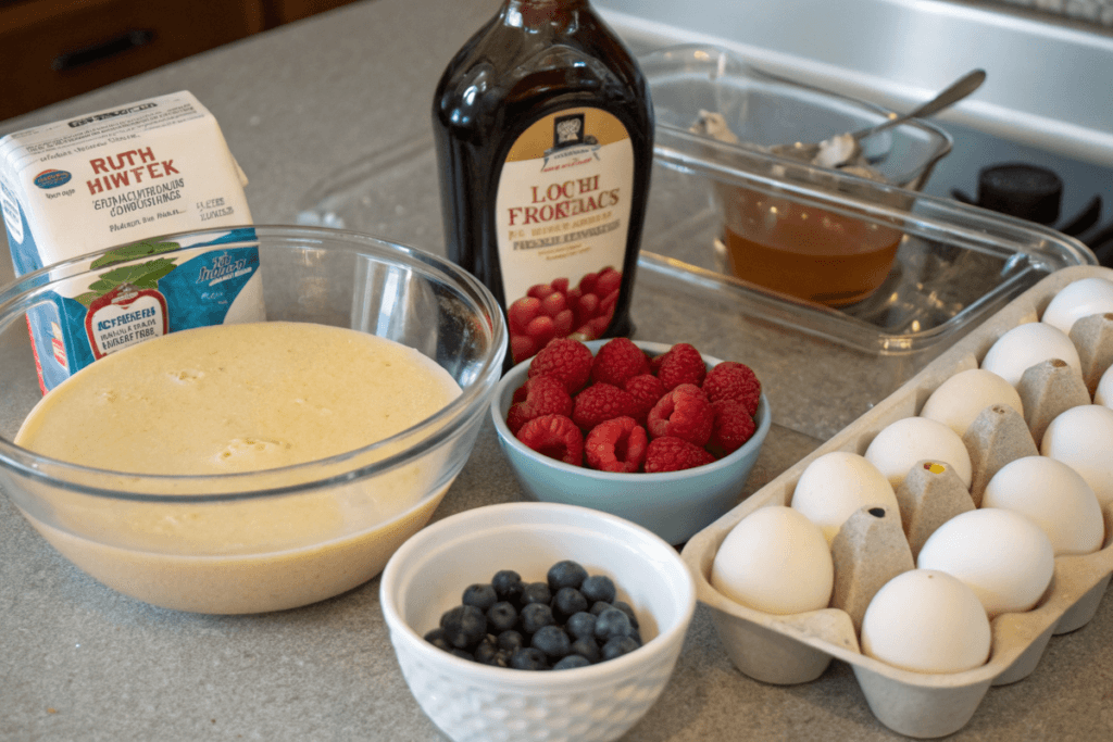 Ingredients for homemade mini pancakes on a countertop.