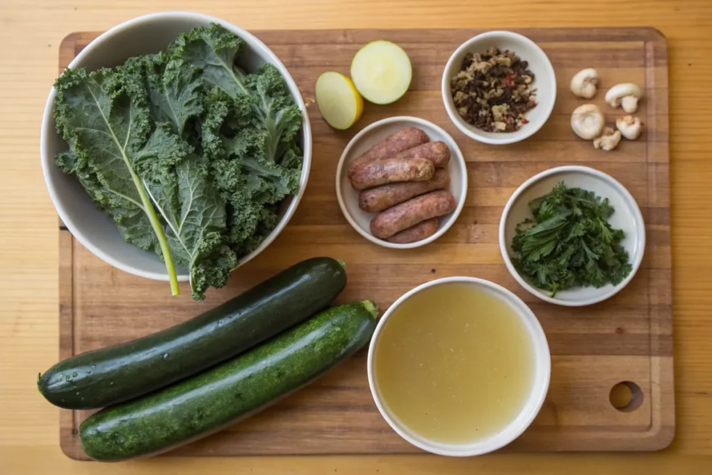 Ingredients for swamp soup, including kale, zucchini, sausage, and broth.