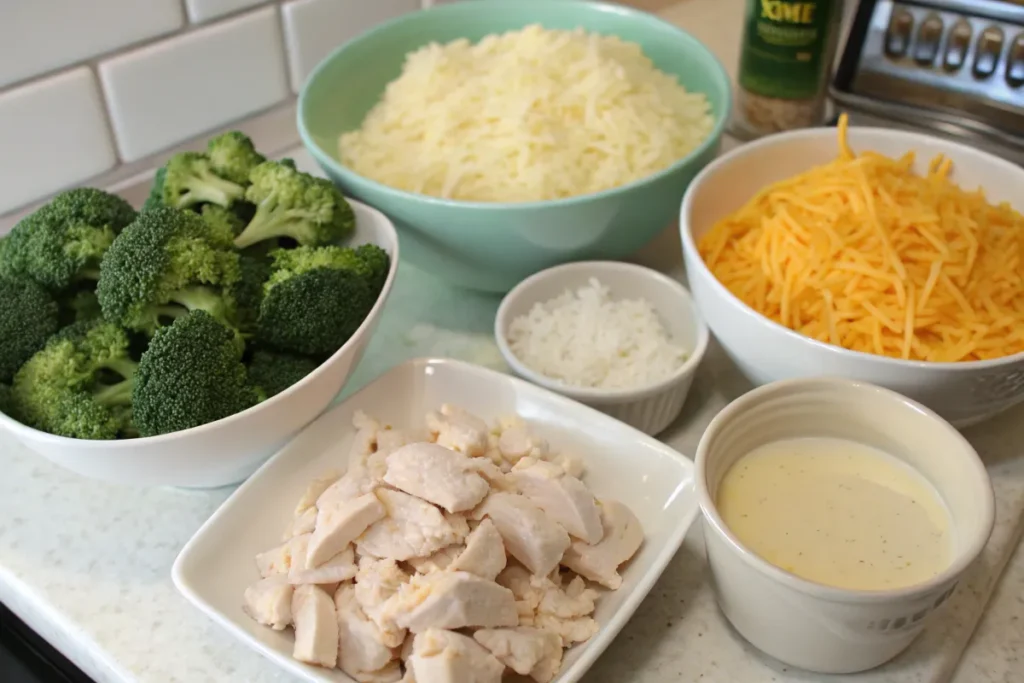 Ingredients for chicken broccoli rice casserole on a countertop.