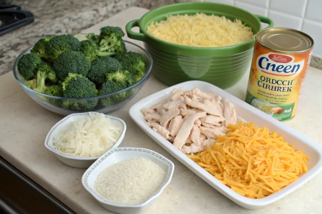 Ingredients for chicken broccoli rice casserole arranged on a countertop.