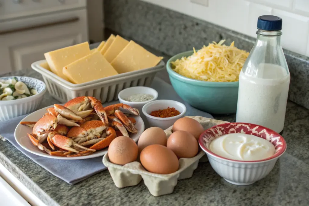 Ingredients for crab quiche on a countertop.