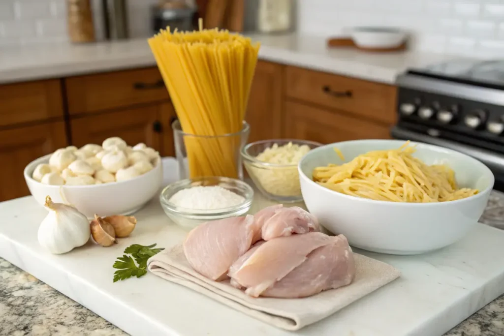 Ingredients for garlic parmesan chicken pasta on a countertop.