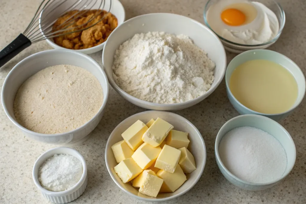 Ingredients for Gipfeli recipe on a countertop.