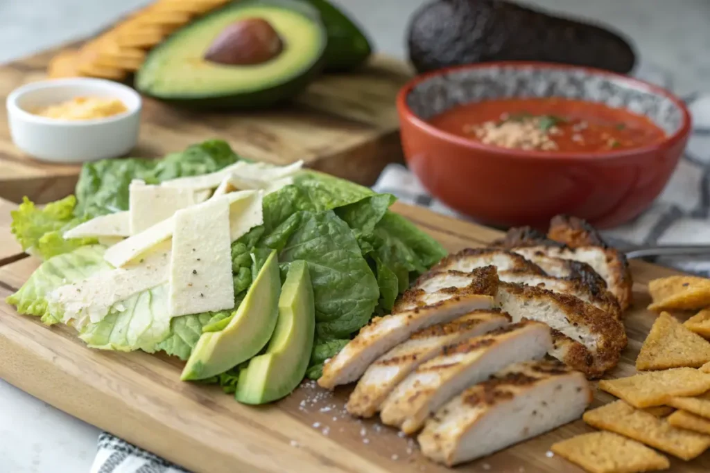 Ingredients for Mexican Caesar Salad on a wooden board.