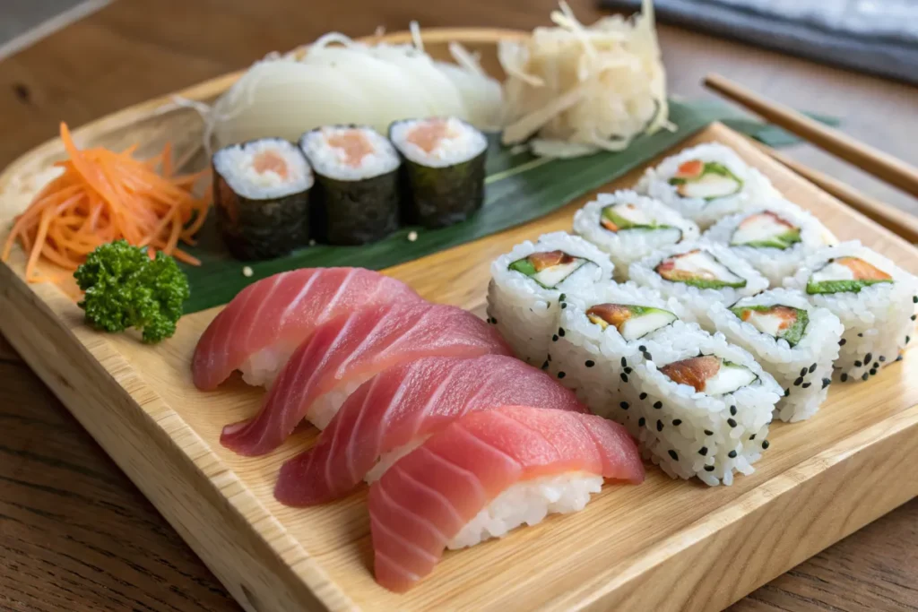 Nigiri vs Sashimi: Side-by-side comparison of nigiri and sashimi on a sushi platter.
