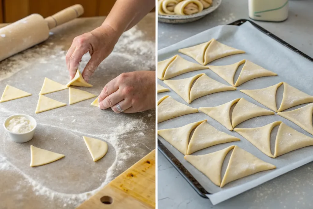 Rolling Gipfeli dough into crescents on a floured surface.