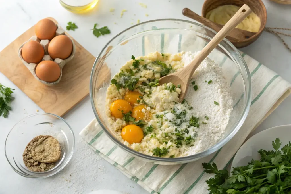 Mixing ingredients for cottage cheese pizza dough