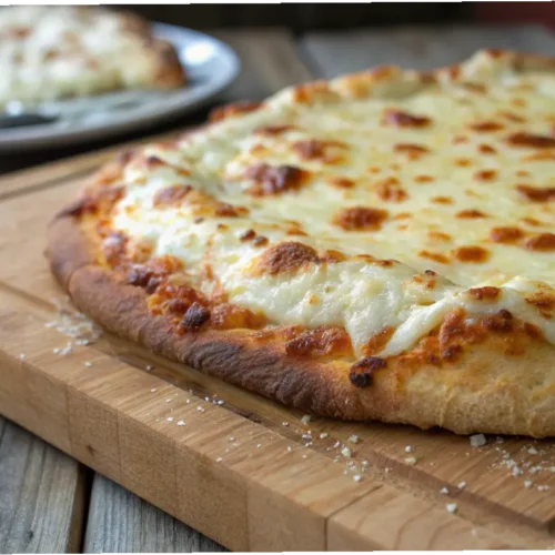 Close-up of a crispy cottage cheese pizza crust on a wooden board