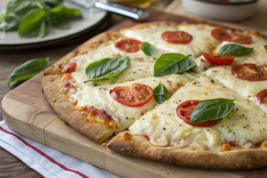 Freshly baked cottage cheese pizza with basil and tomato