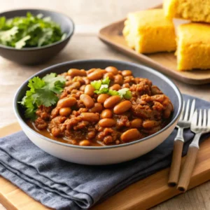 A bowl of hearty bean chili garnished with fresh cilantro, served with cornbread on the side.