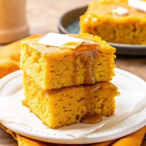 A stack of two golden-brown Sweet potato cornbread slices drizzled with syrup and topped with a pat of butter on a white plate.