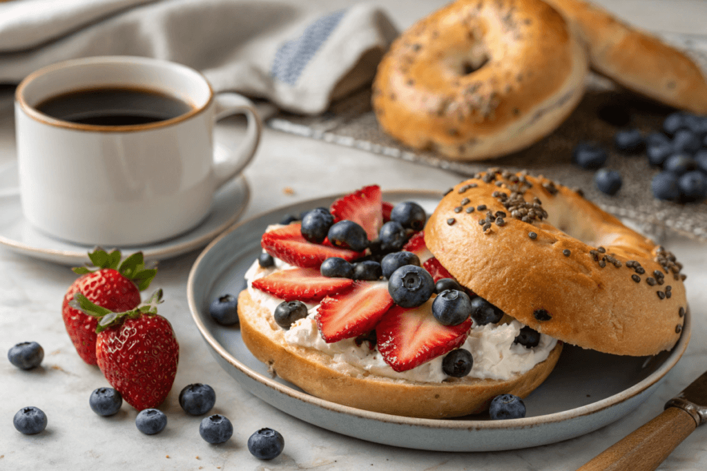 Blueberry bagel sandwich with cream cheese and strawberries