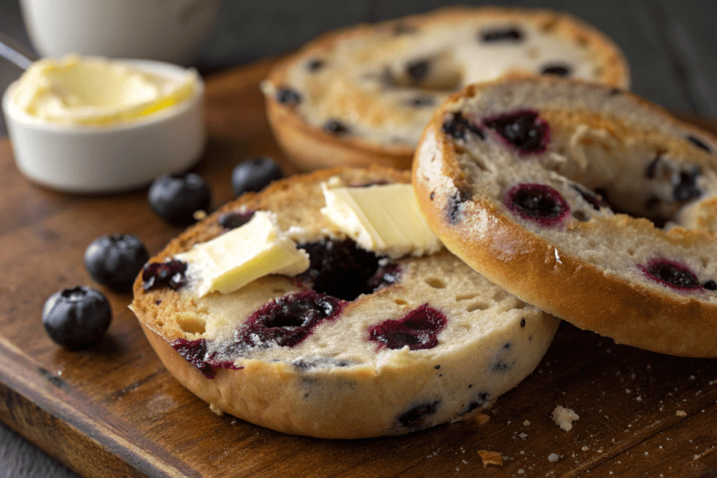 Toasted blueberry bagel with melted butter