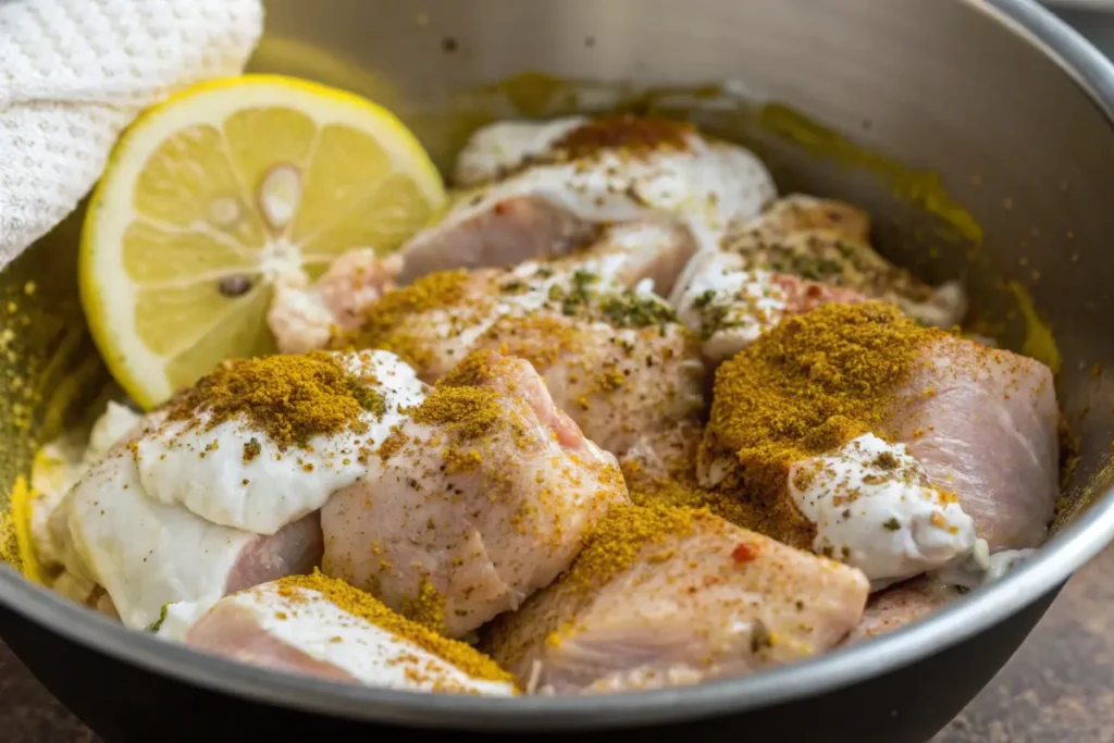 Chicken marinating in a blend of Middle Eastern spices