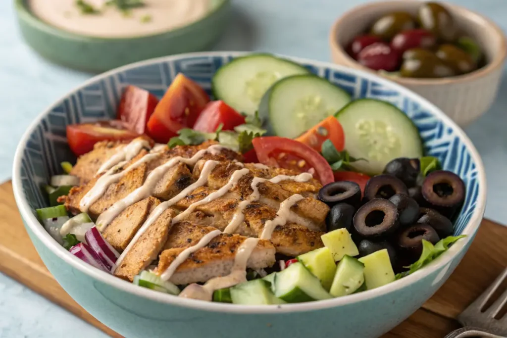 Chicken shawarma bowl with fresh vegetables and tahini sauce