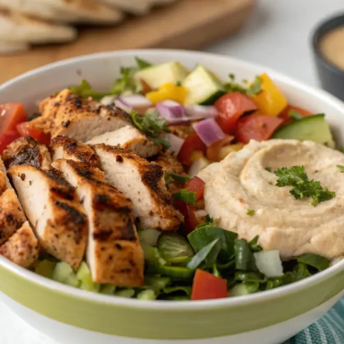 Chicken shawarma bowl featuring seasoned grilled chicken and tahini drizzle.