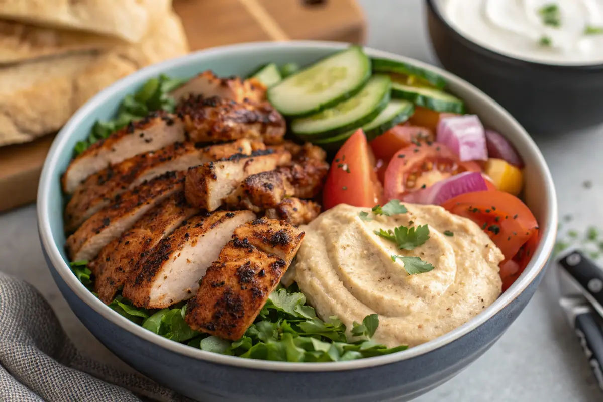 Chicken shawarma bowl with grilled spiced chicken and tahini sauce