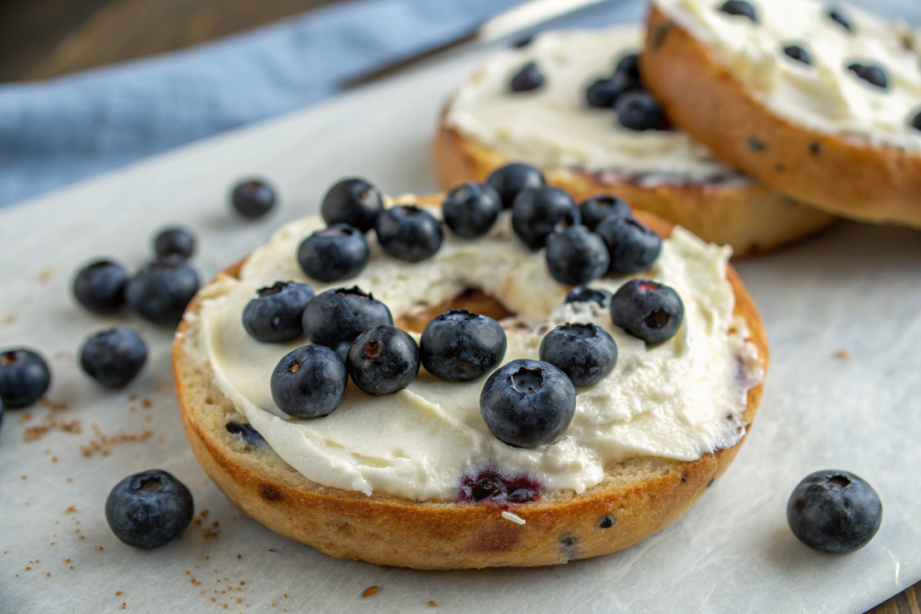 Blueberry bagel with cream cheese and fresh blueberries