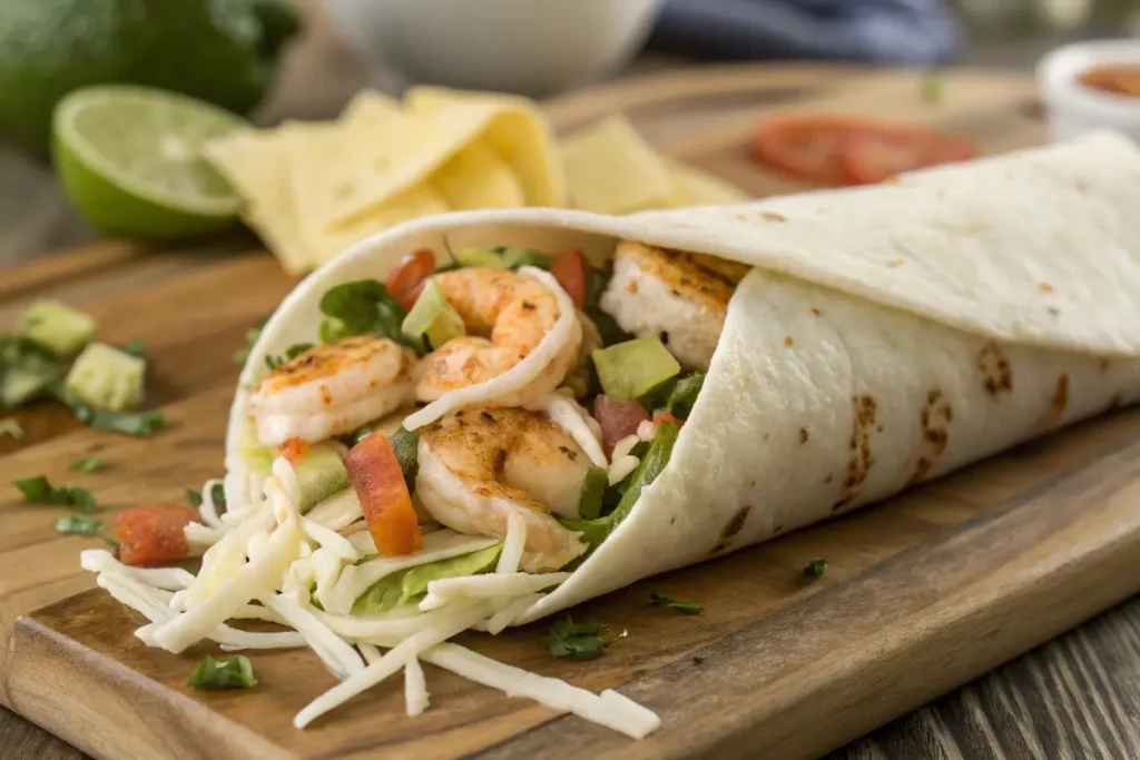 A shrimp burrito being rolled with rice, beans, and avocado inside.