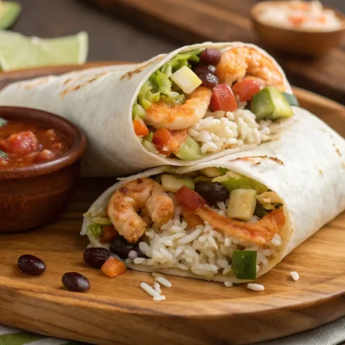 A shrimp burrito stuffed with rice, beans, and avocado, accompanied by salsa.