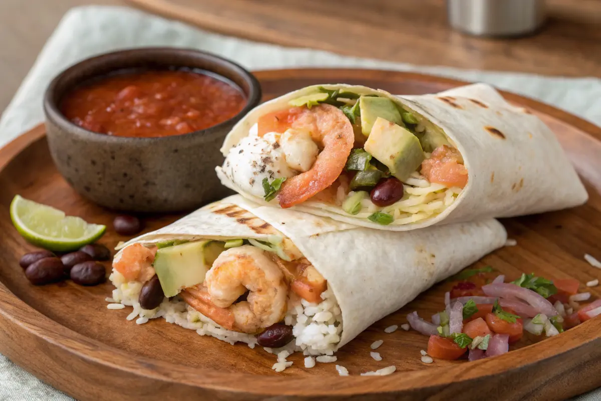 Shrimp burrito with rice, beans, and avocado, served with salsa.