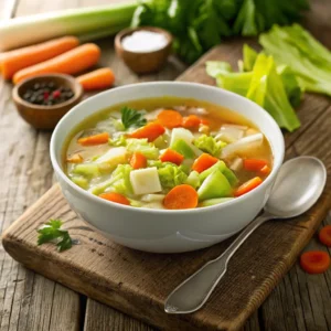 A bowl of vibrant vegetable soup featuring chopped cabbage, carrots, and potatoes in a clear broth, garnished with parsley. The bowl is placed on a rustic wooden surface alongside fresh vegetables and seasoning bowls in the background.