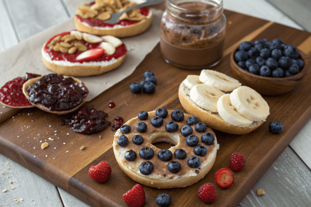 Blueberry bagels with peanut butter, jam, and Nutella toppings