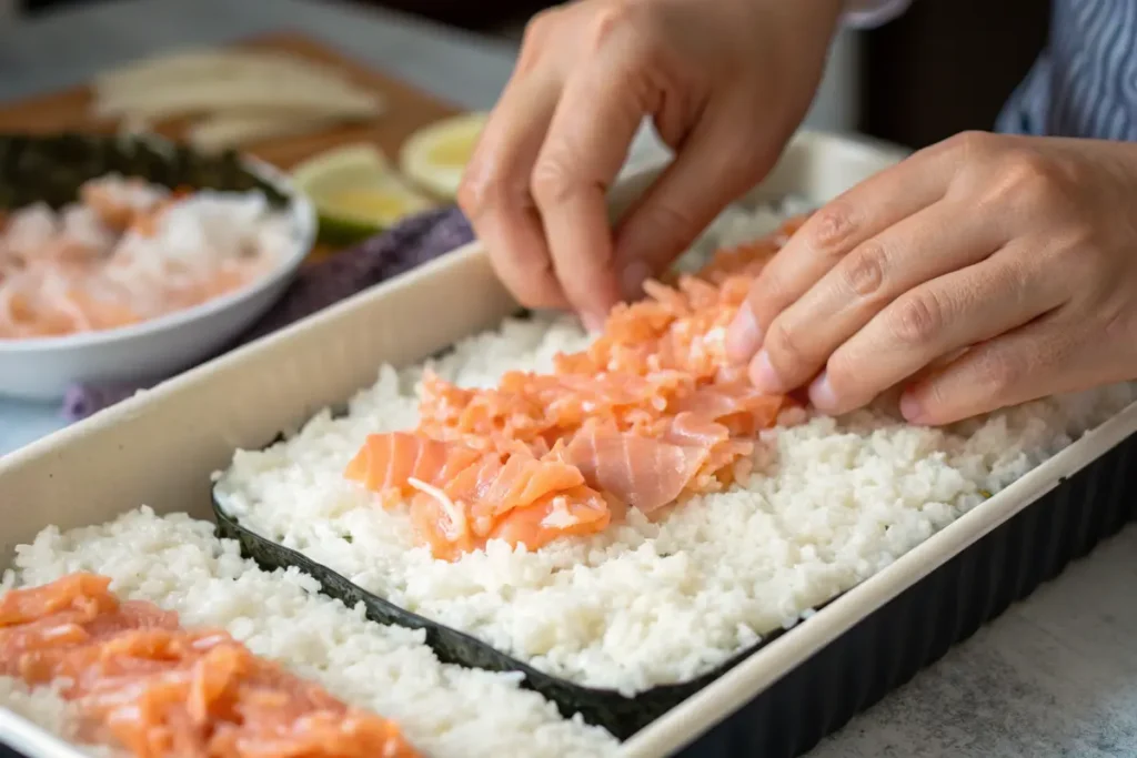 Layering sushi rice and salmon in a baking dish for salmon sushi bake.