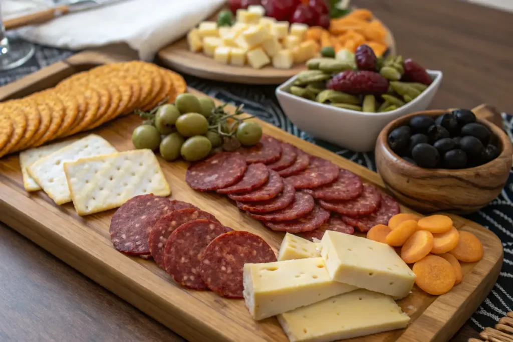 Charcuterie board with beef pepperoni, cheese, and olives