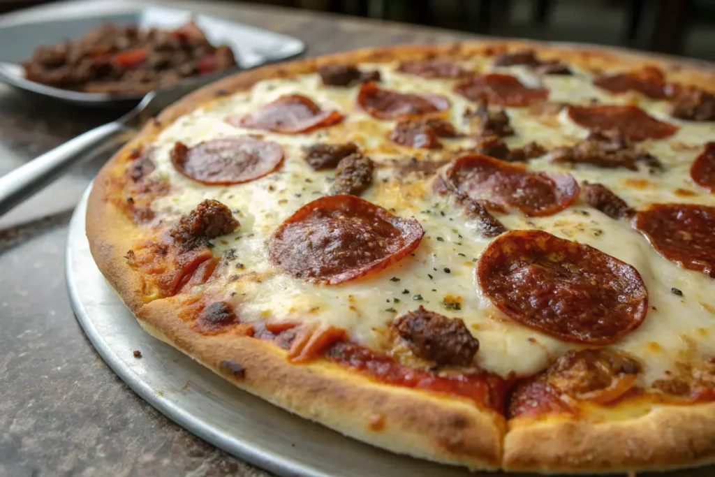 Beef pepperoni pizza with melted cheese